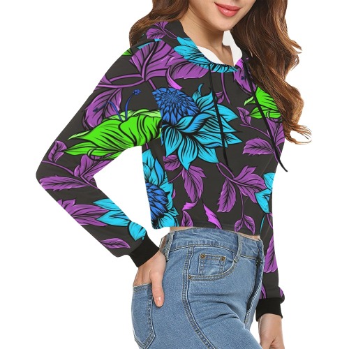Neon Tropical Turquoise All Over Print Crop Hoodie for Women (Model H22)