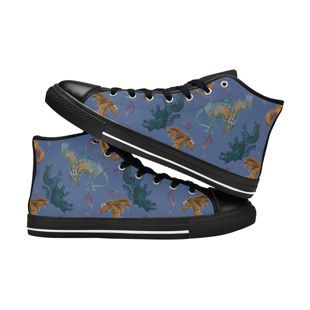 Dragon Art Blue on Black High Top Canvas Shoes for Kid (Model 017)
