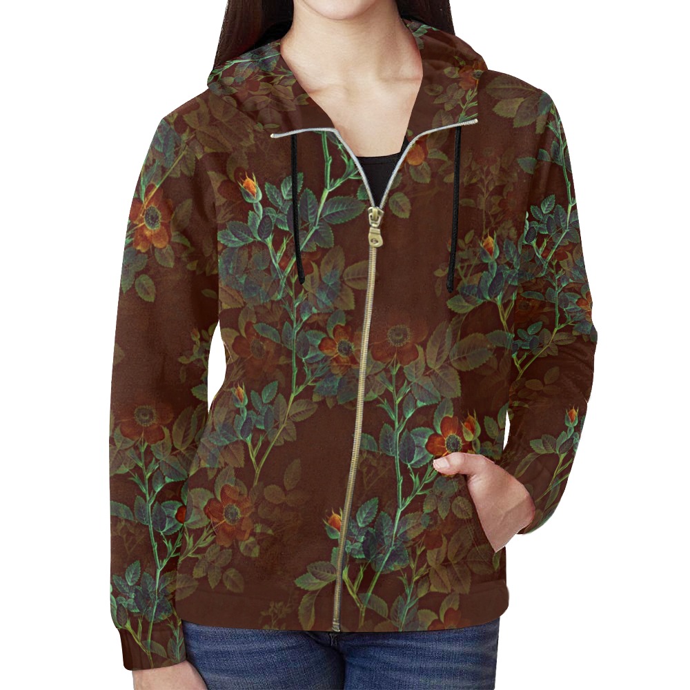 Copper Floral All Over Print Full Zip Hoodie for Women (Model H14)
