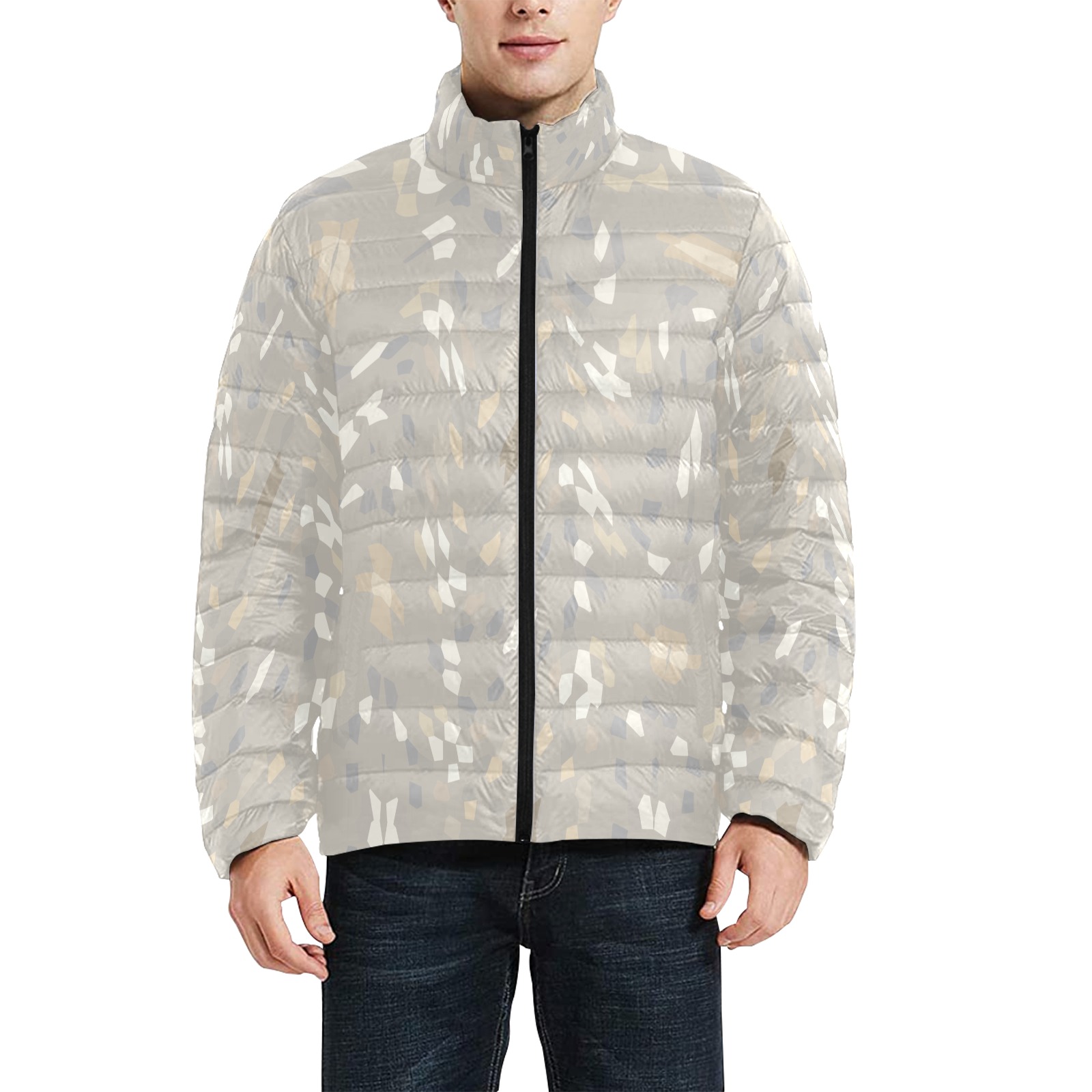 Sandy Beige Abstract Men's Stand Collar Padded Jacket (Model H41)