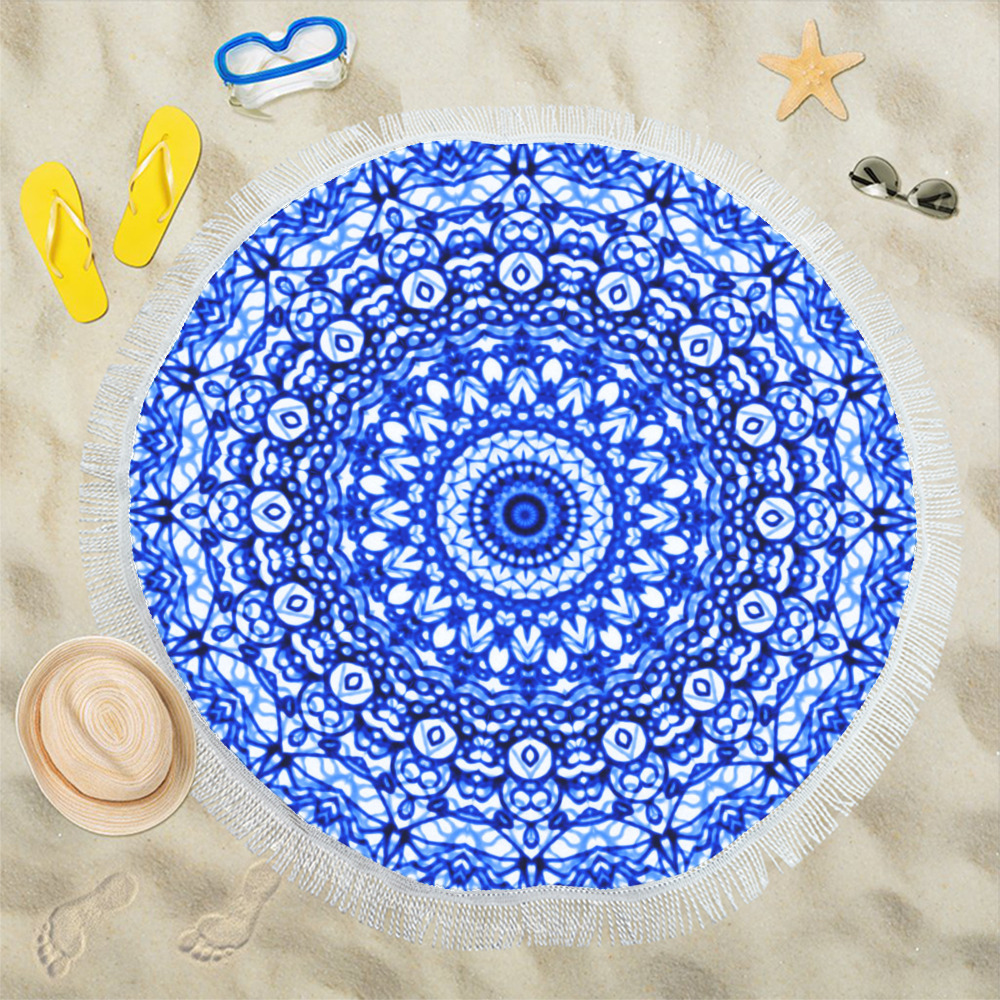 Blue Mandala Mehndi Style G403 Circular Beach Shawl 59"x 59"