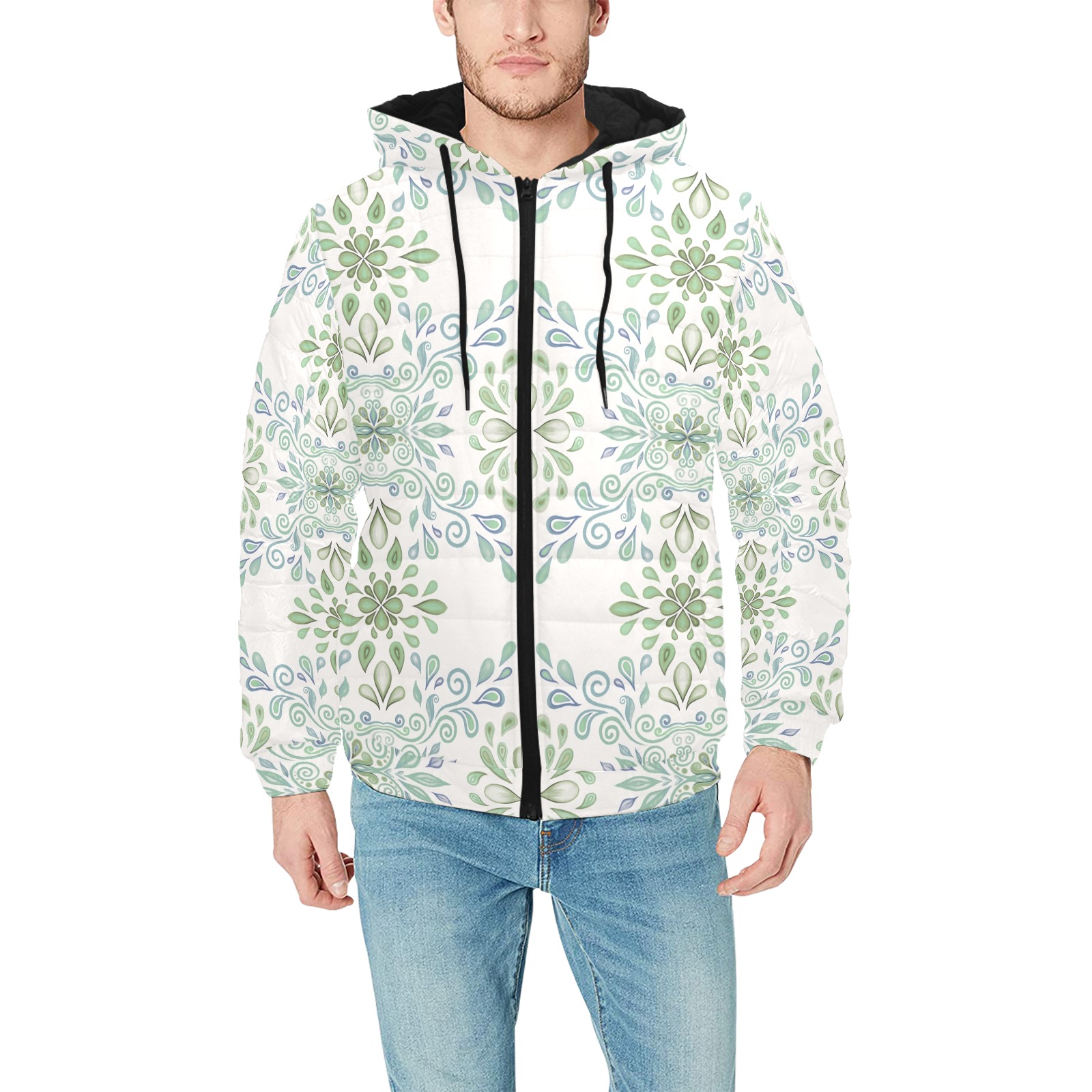 Blue and Green watercolor Men's Padded Hooded Jacket (Model H42)