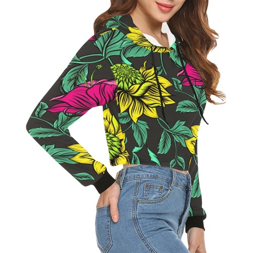 Neon Tropical Yellow All Over Print Crop Hoodie for Women (Model H22)