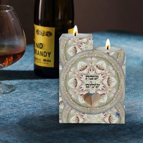 embroidery-pale green shabbat shalom Wooden Candle Holder (Without Candle)