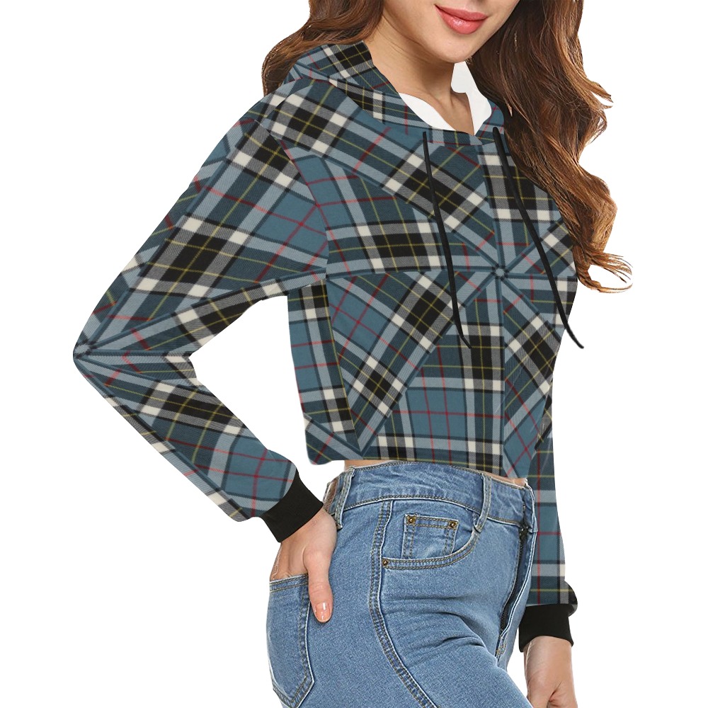 Thompson Blue Tartan All Over Print Crop Hoodie for Women (Model H22)