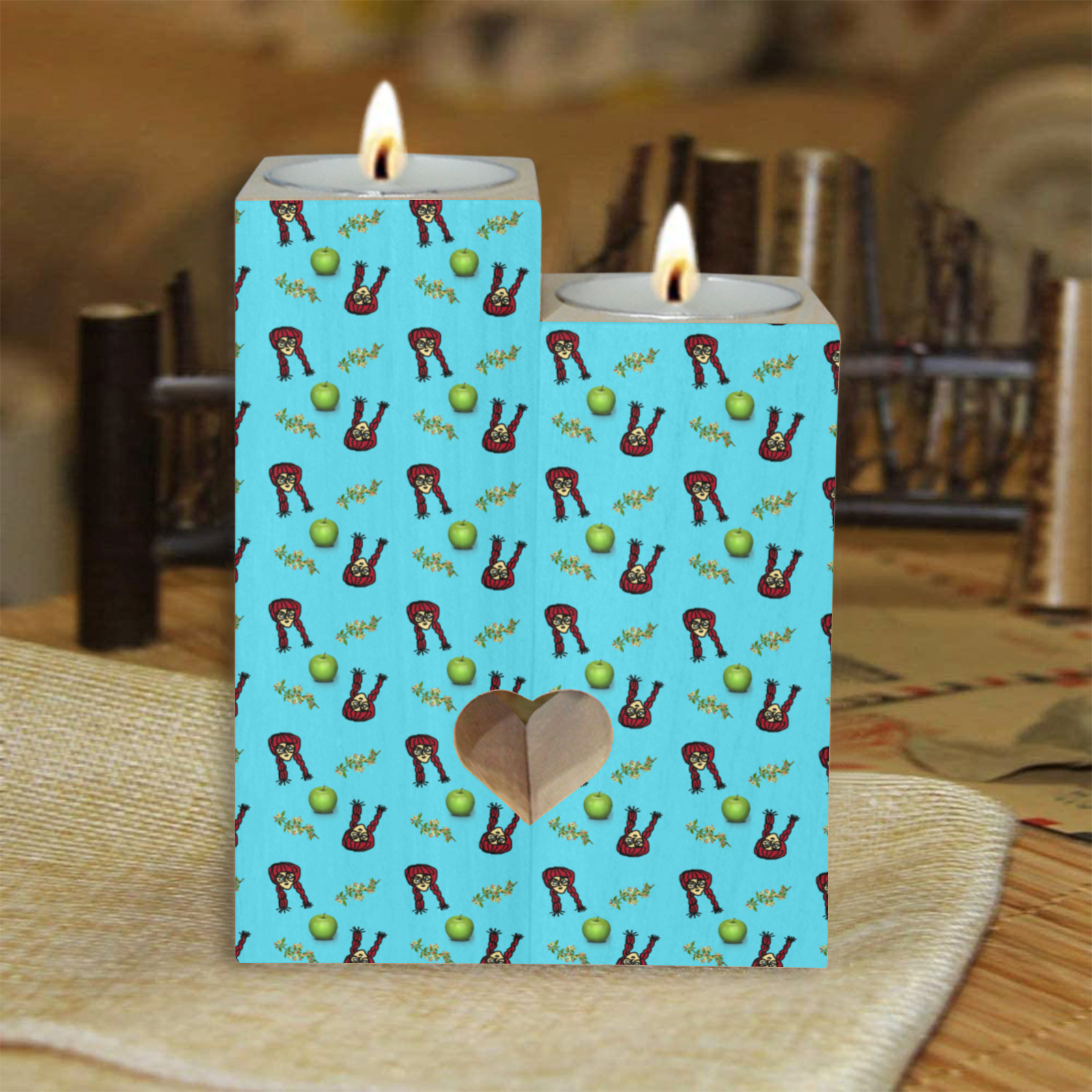 school girl pattern blue Wooden Candle Holder (Without Candle)