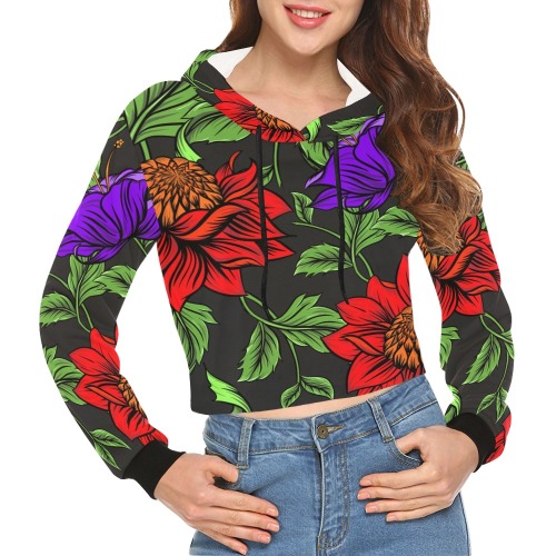 Neon Tropical Red All Over Print Crop Hoodie for Women (Model H22)