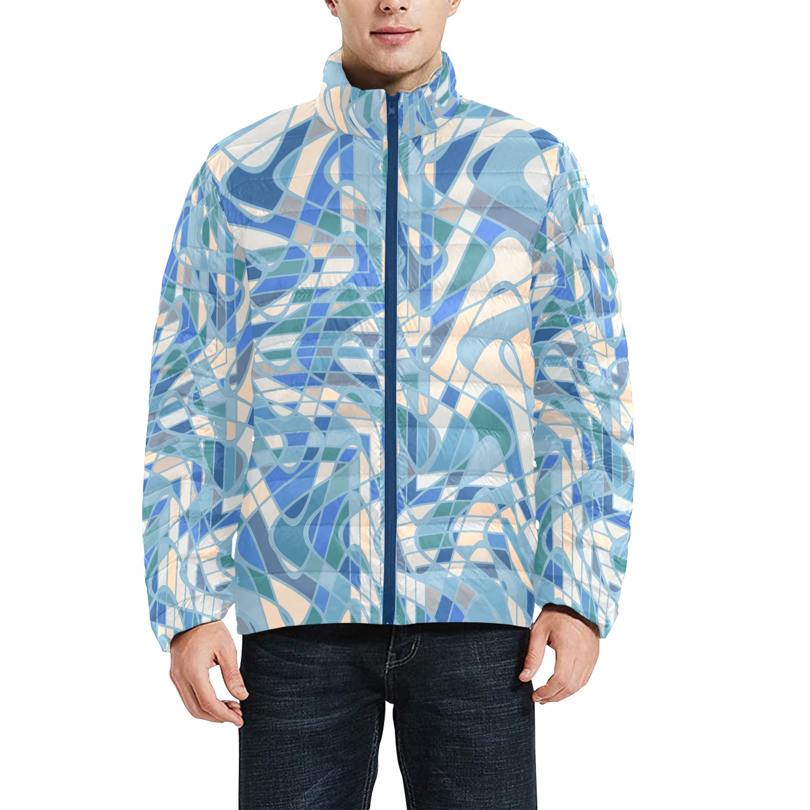 Swirling Blue and Beige Abstract Men's Stand Collar Padded Jacket (Model H41)