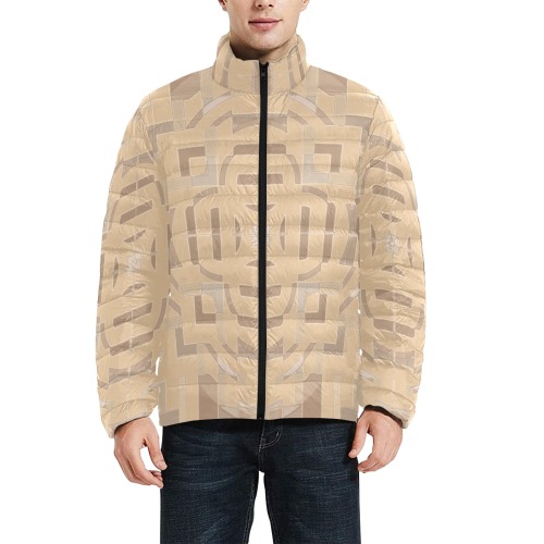 Camel Colored Geometric Men's Stand Collar Padded Jacket (Model H41)