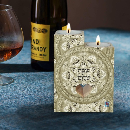 embroidery-golden shabbat shalom Wooden Candle Holder (Without Candle)