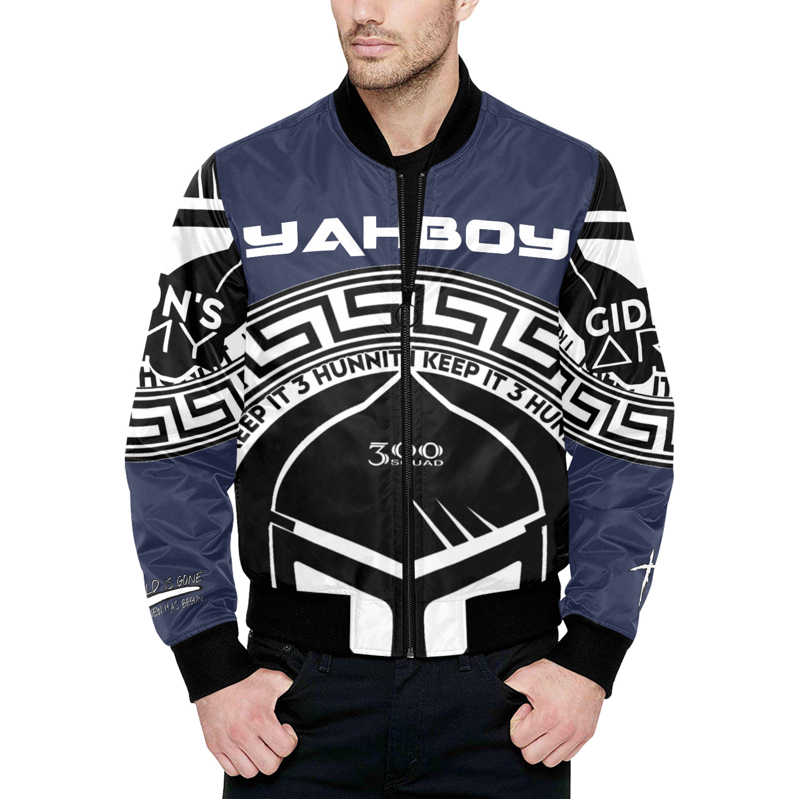YAHBOY NAVY All Over Print Quilted Bomber Jacket for Men (Model H33)