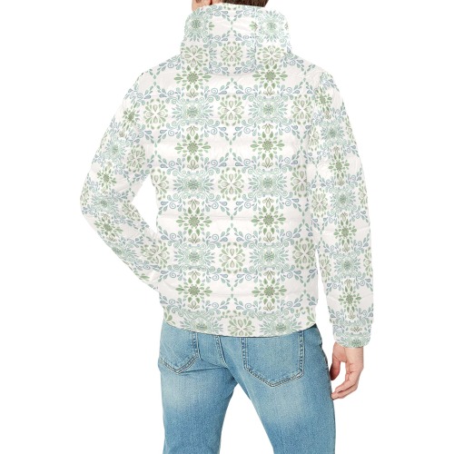 Blue and Green watercolor pattern Men's Padded Hooded Jacket (Model H42)