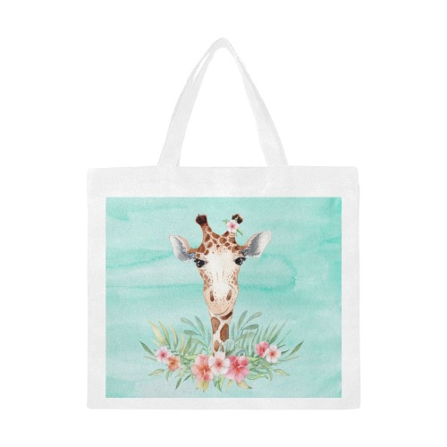 Cute Giraffe with various flowers on watercolor turquoise background Canvas Tote Bag/Large (Model 1702)