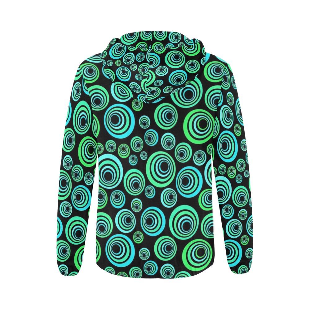 Retro Psychedelic Pretty Green Pattern All Over Print Full Zip Hoodie for Women (Model H14)