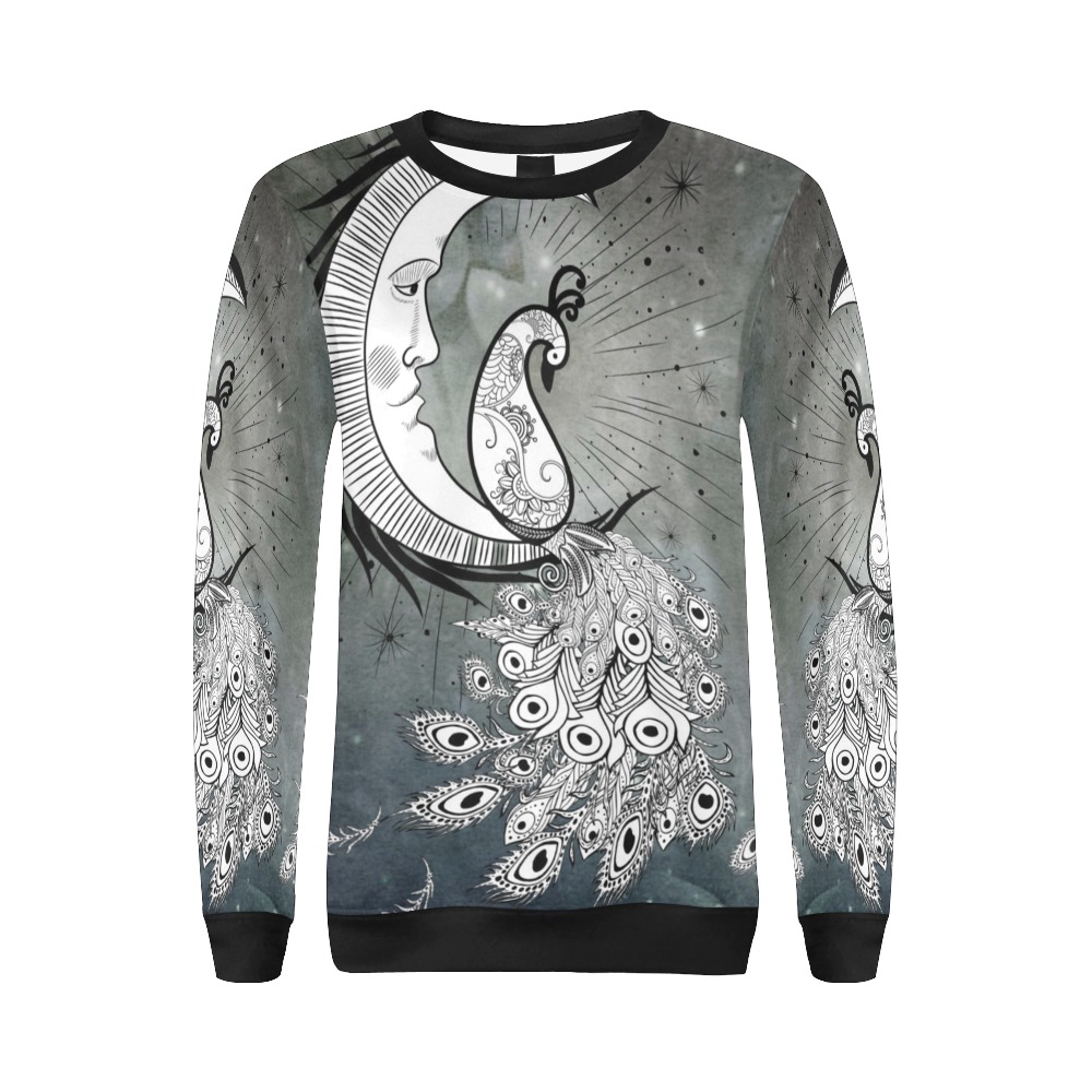 Wonderful peacock on the moon All Over Print Crewneck Sweatshirt for Women (Model H18)