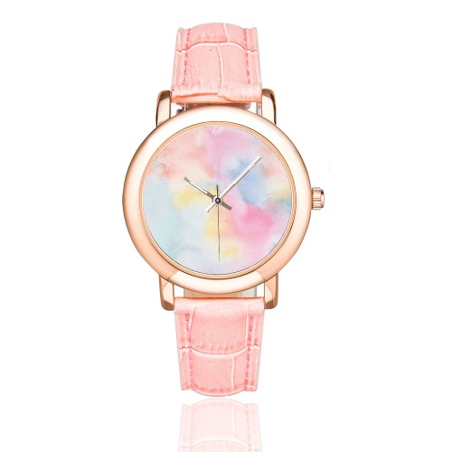 Colorful watercolor Women's Rose Gold Leather Strap Watch(Model 201)