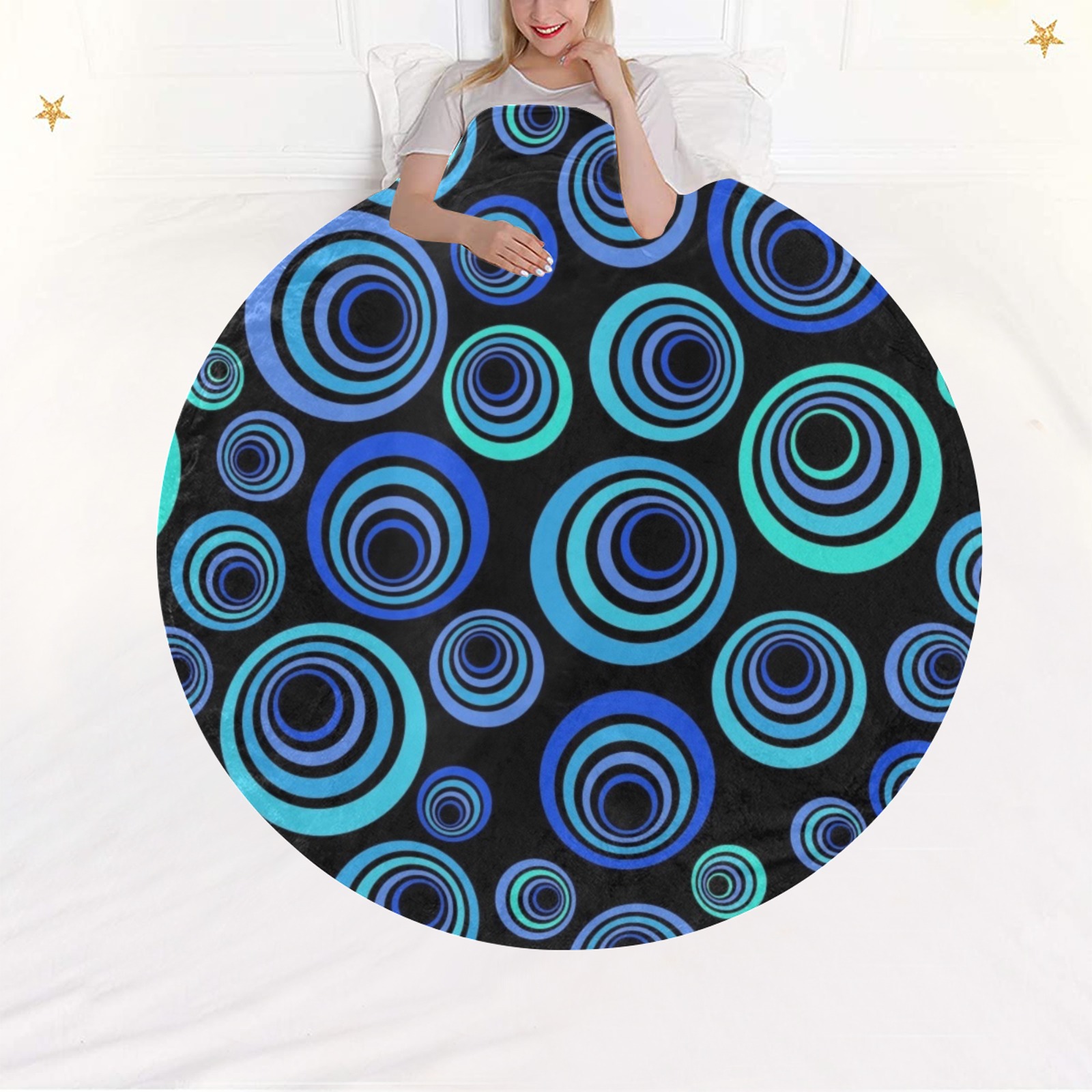 Retro Psychedelic Pretty Blue Pattern Circular Ultra-Soft Micro Fleece Blanket 60"