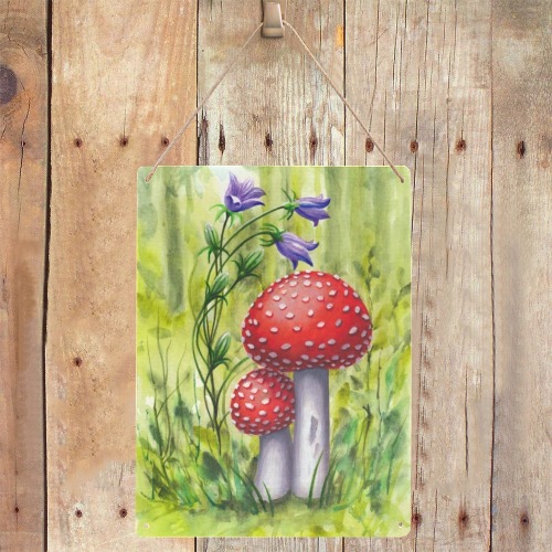 Red Mushroom Violet Flower Floral Watercolors Metal Tin Sign 12"x16"