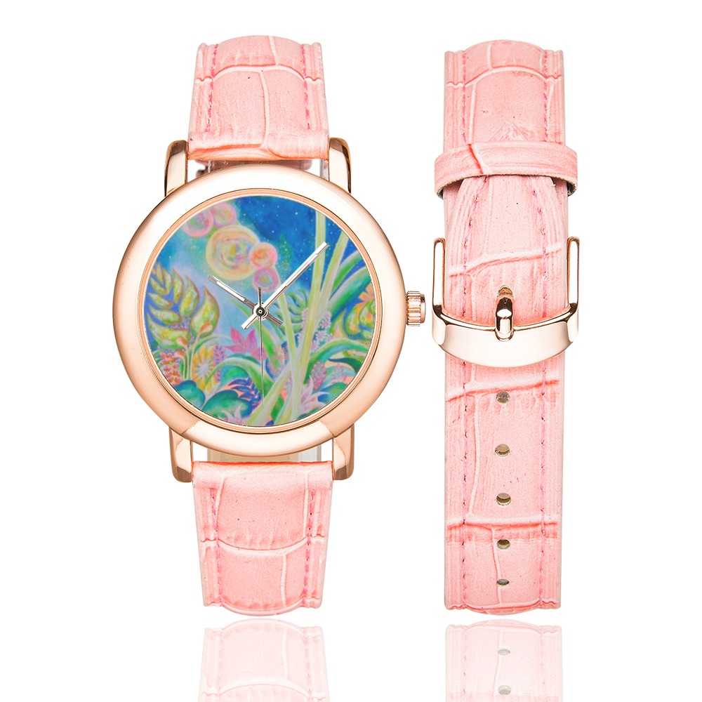 Pleiades Flower Women's Rose Gold Leather Strap Watch(Model 201)