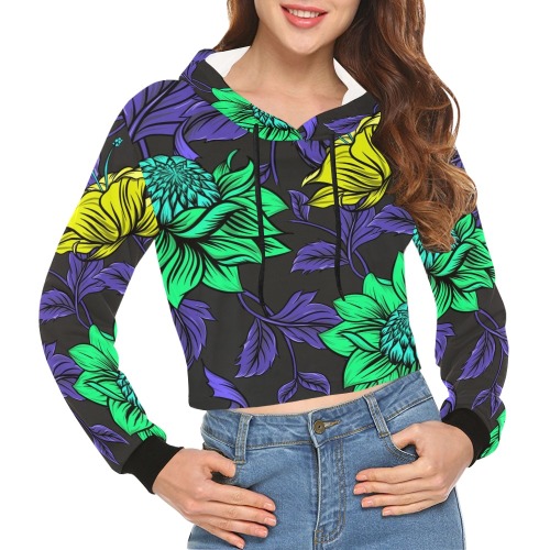 Neon Tropical Green All Over Print Crop Hoodie for Women (Model H22)