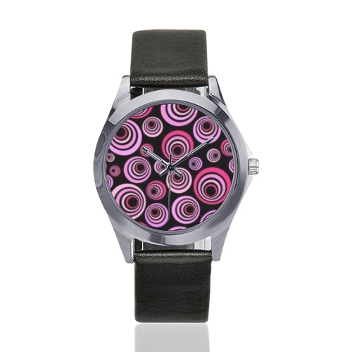 Retro Psychedelic Pretty Pink Pattern Unisex Silver-Tone Round Leather Watch (Model 216)