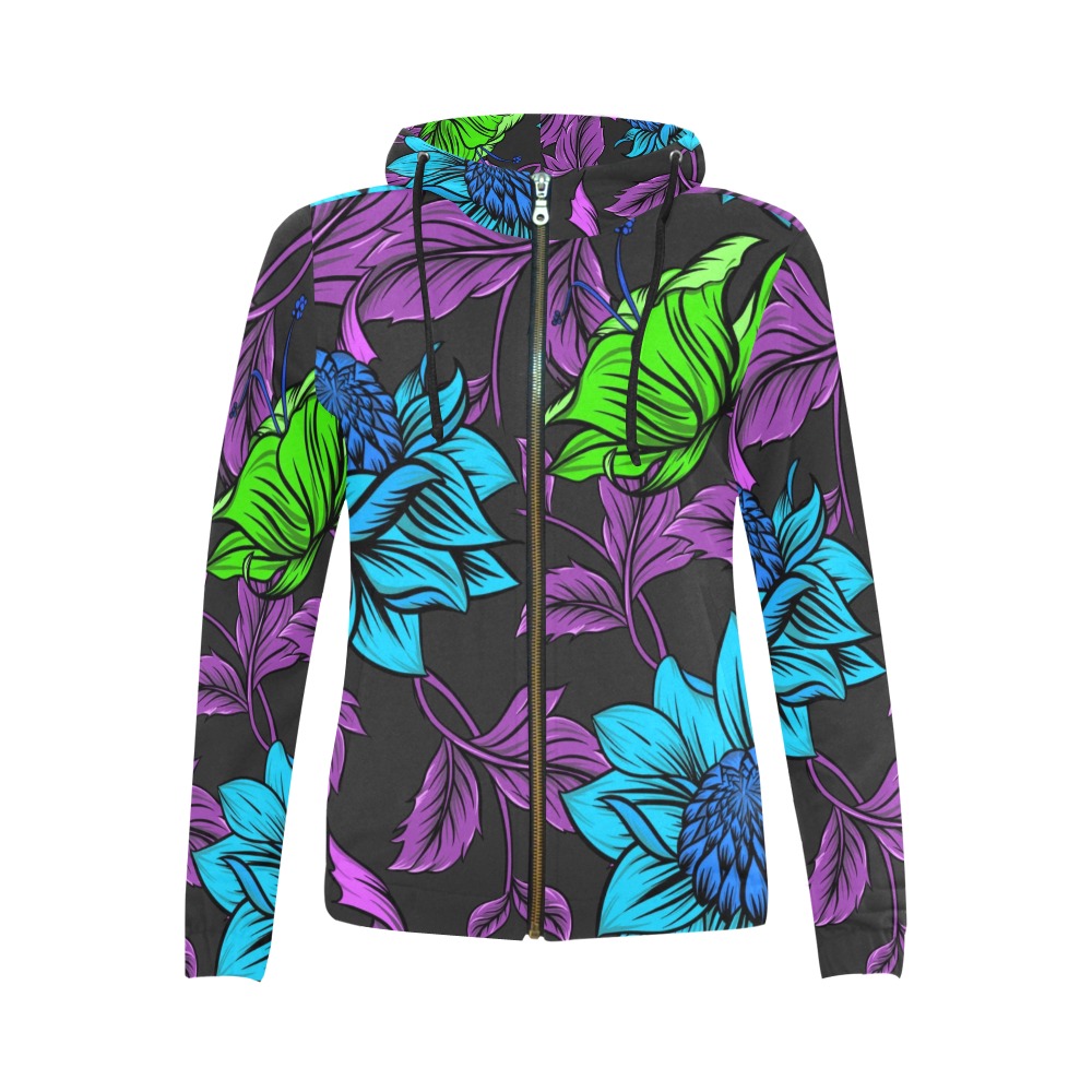 Neon Tropical Turquoise All Over Print Full Zip Hoodie for Women (Model H14)