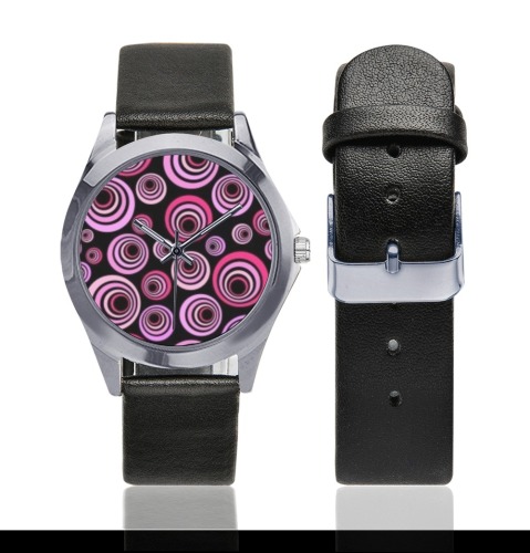Retro Psychedelic Pretty Pink Pattern Unisex Silver-Tone Round Leather Watch (Model 216)
