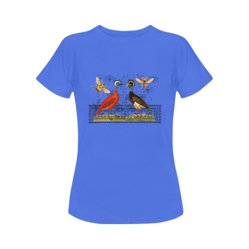 Two Hens, Two Bees and an Illustrated Rug Blue Women's T-Shirt in USA Size (Front Printing Only)