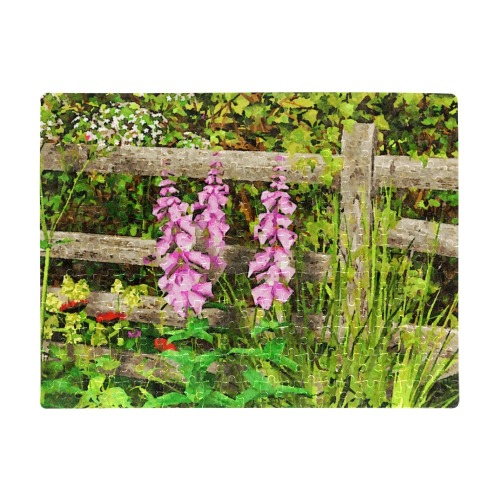 Pretty Pink Flowers and Fence Watercolor A3 Size Jigsaw Puzzle (Set of 252 Pieces)