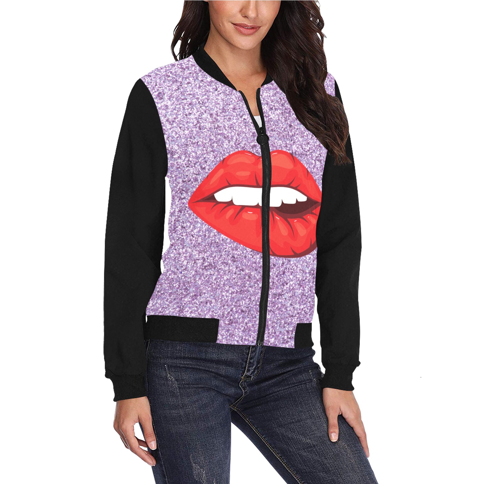 chaqueta de mujer violeta boom All Over Print Bomber Jacket for Women (Model H36)