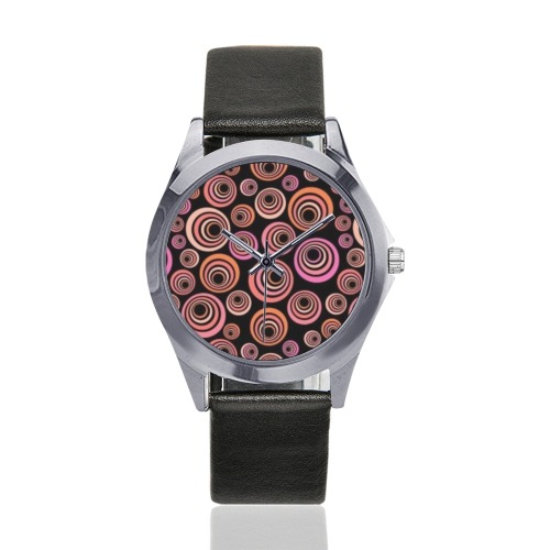 Retro Psychedelic Pretty Orange Pattern Unisex Silver-Tone Round Leather Watch (Model 216)