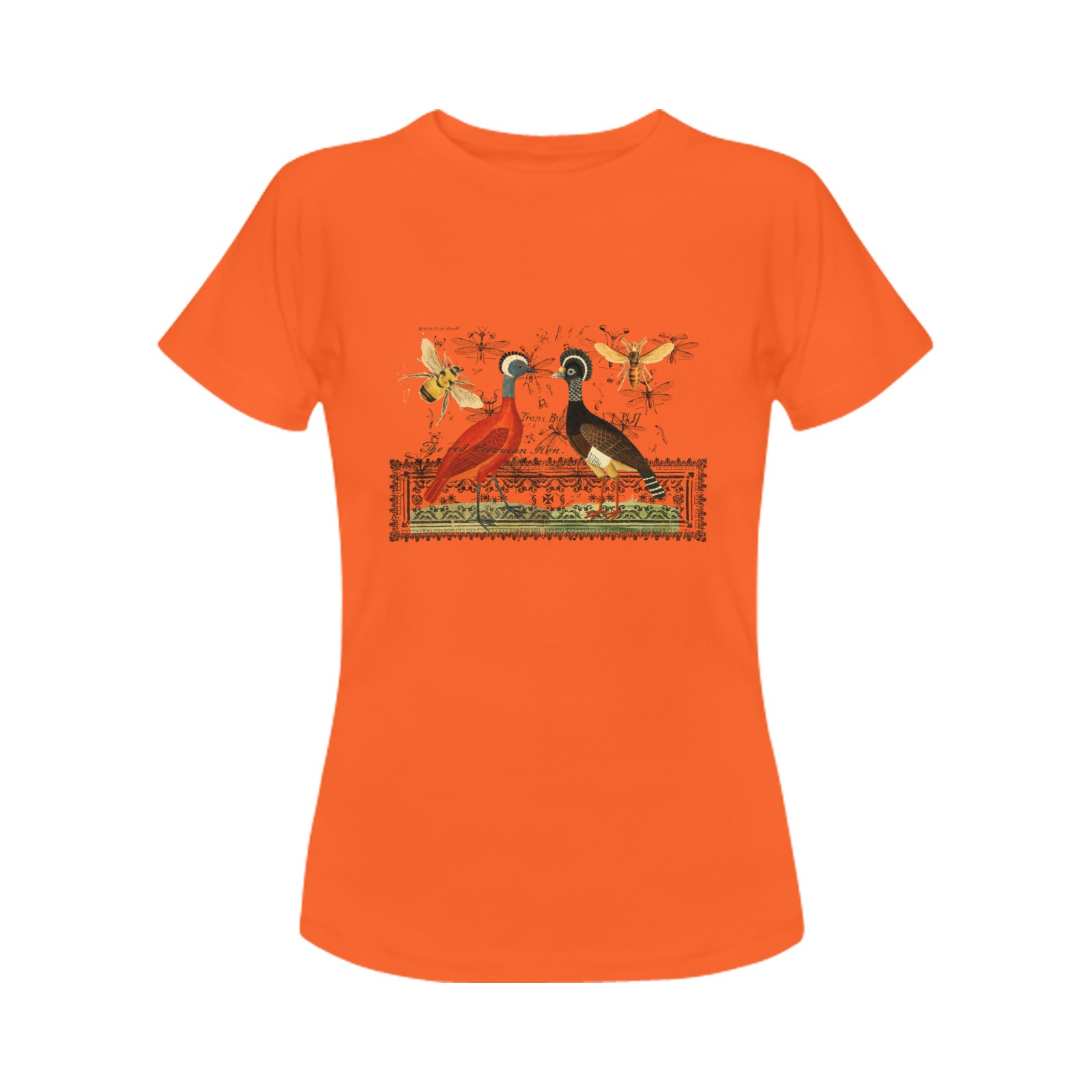 Two Hens, Two Bees and an Illustrated Rug Orange Women's T-Shirt in USA Size (Front Printing Only)