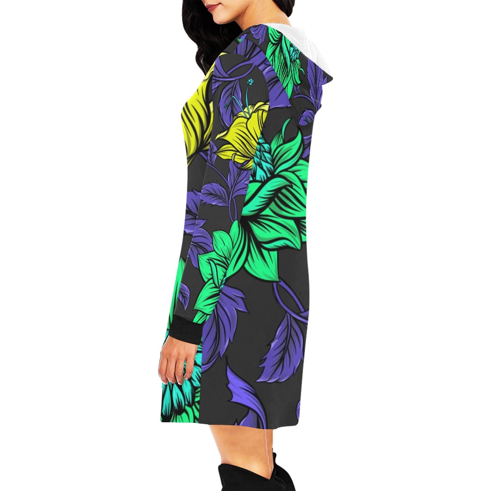 Neon Tropical Green All Over Print Hoodie Mini Dress (Model H27)