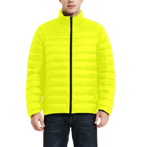 Neon yellow Men's Stand Collar Padded Jacket (Model H41)