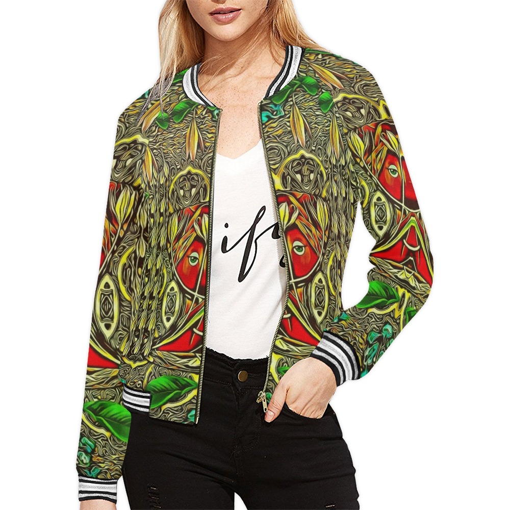 leather lady among spring flowers All Over Print Bomber Jacket for Women (Model H21)