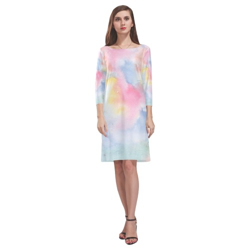 Colorful watercolor Rhea Loose Round Neck Dress(Model D22)