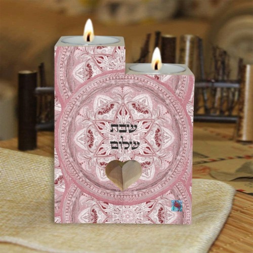 embroidery-pale pink and gray shabbat shalom Wooden Candle Holder (Without Candle)