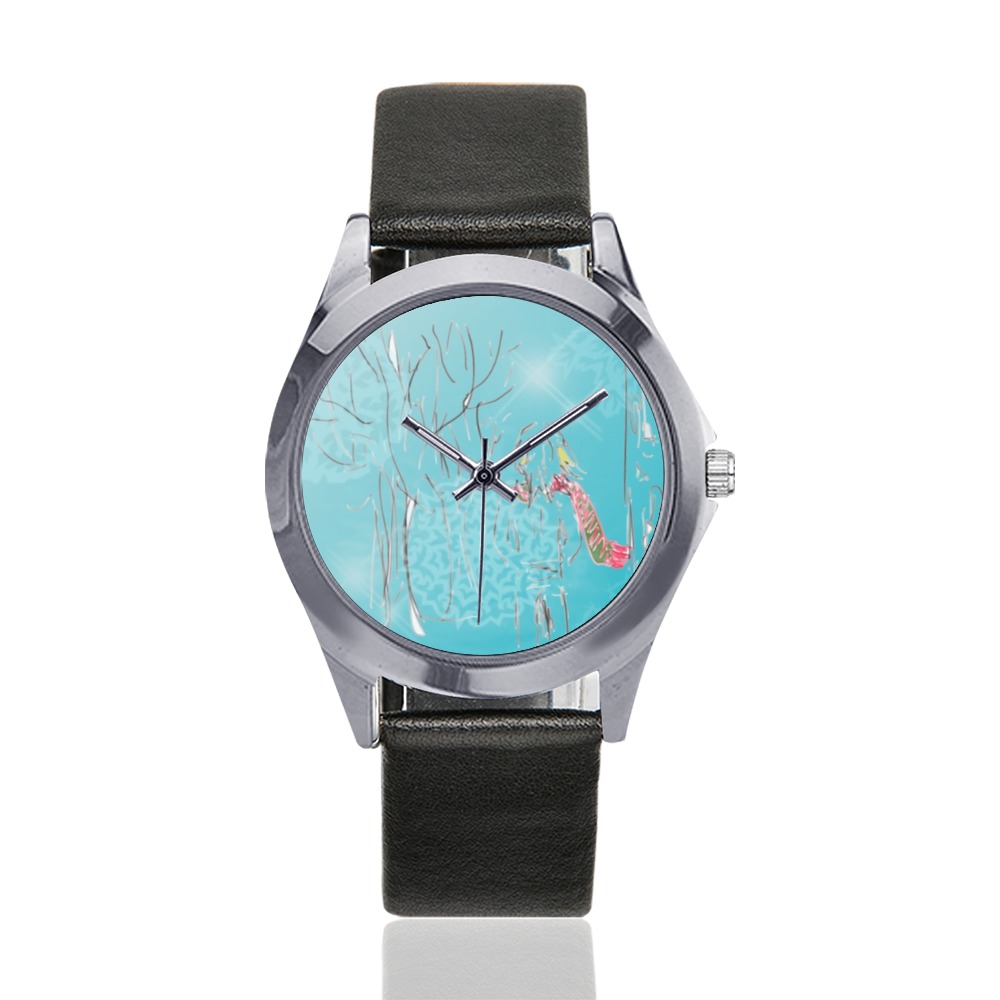 neve clock Unisex Silver-Tone Round Leather Watch (Model 216)