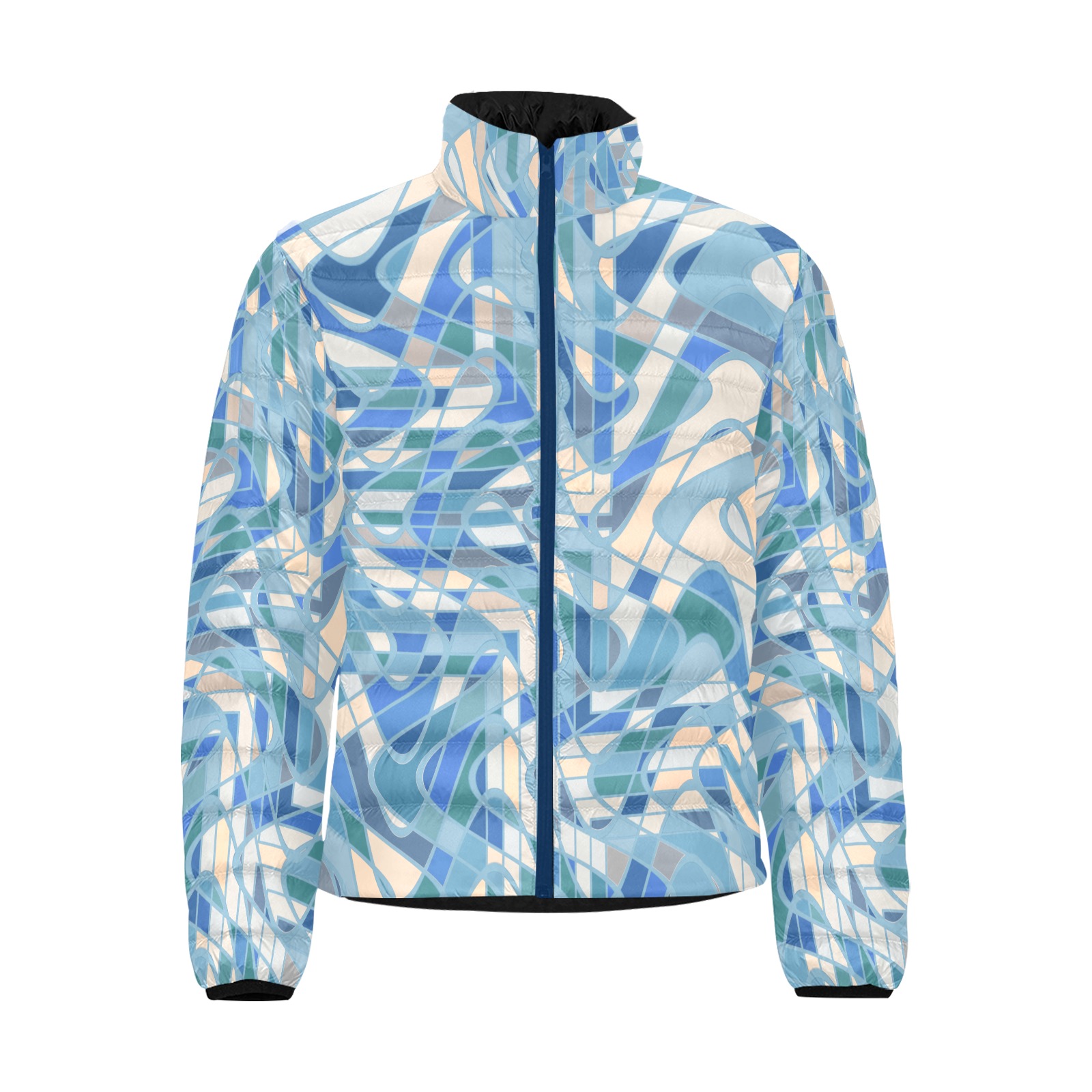 Swirling Blue and Beige Abstract Men's Stand Collar Padded Jacket (Model H41)