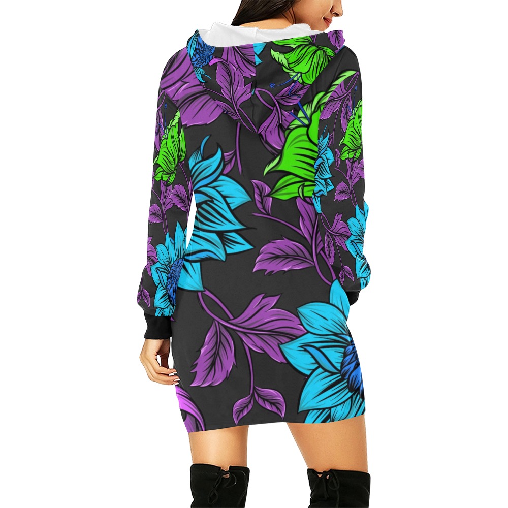 Neon Tropical Turquoise All Over Print Hoodie Mini Dress (Model H27)