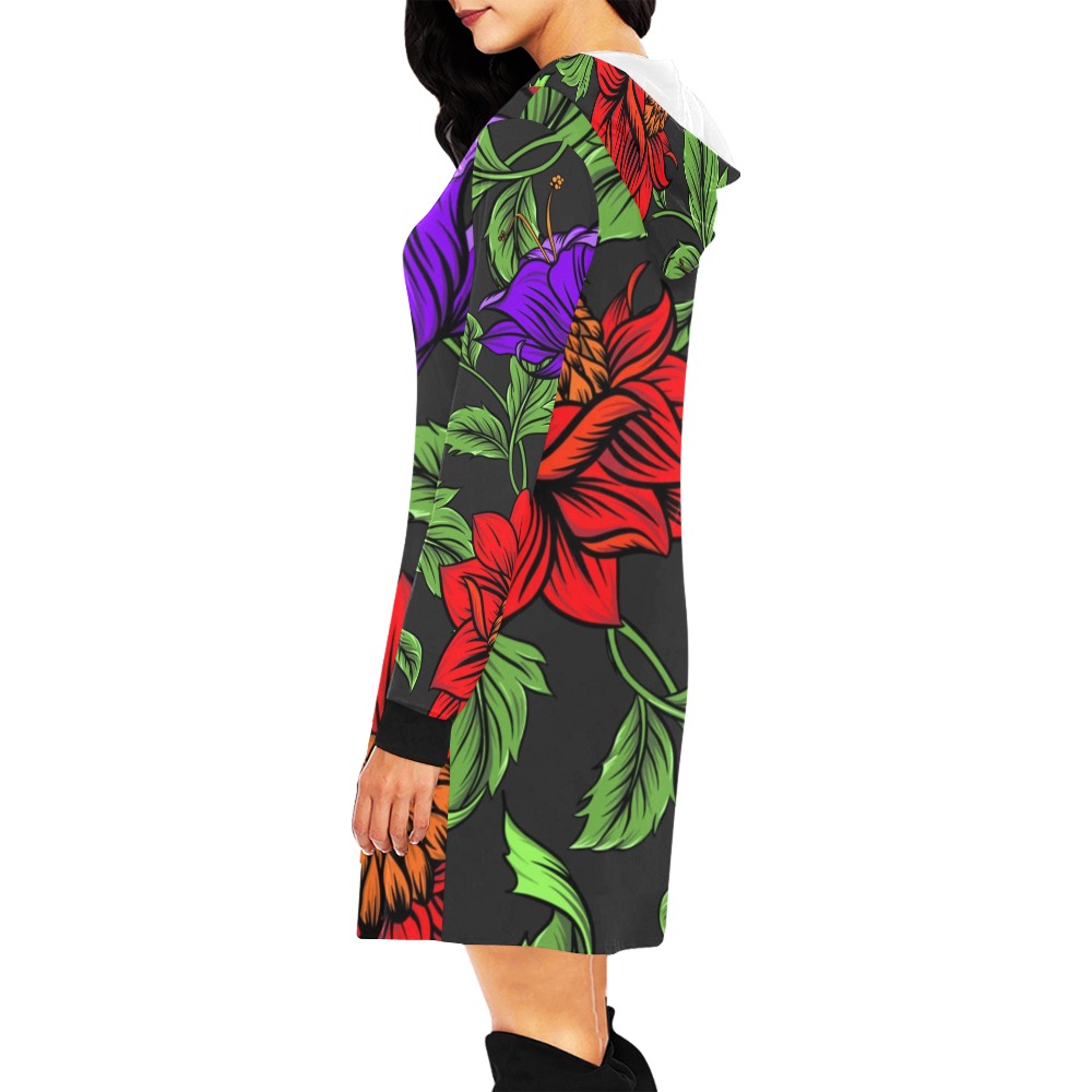 Neon Tropical Red All Over Print Hoodie Mini Dress (Model H27)