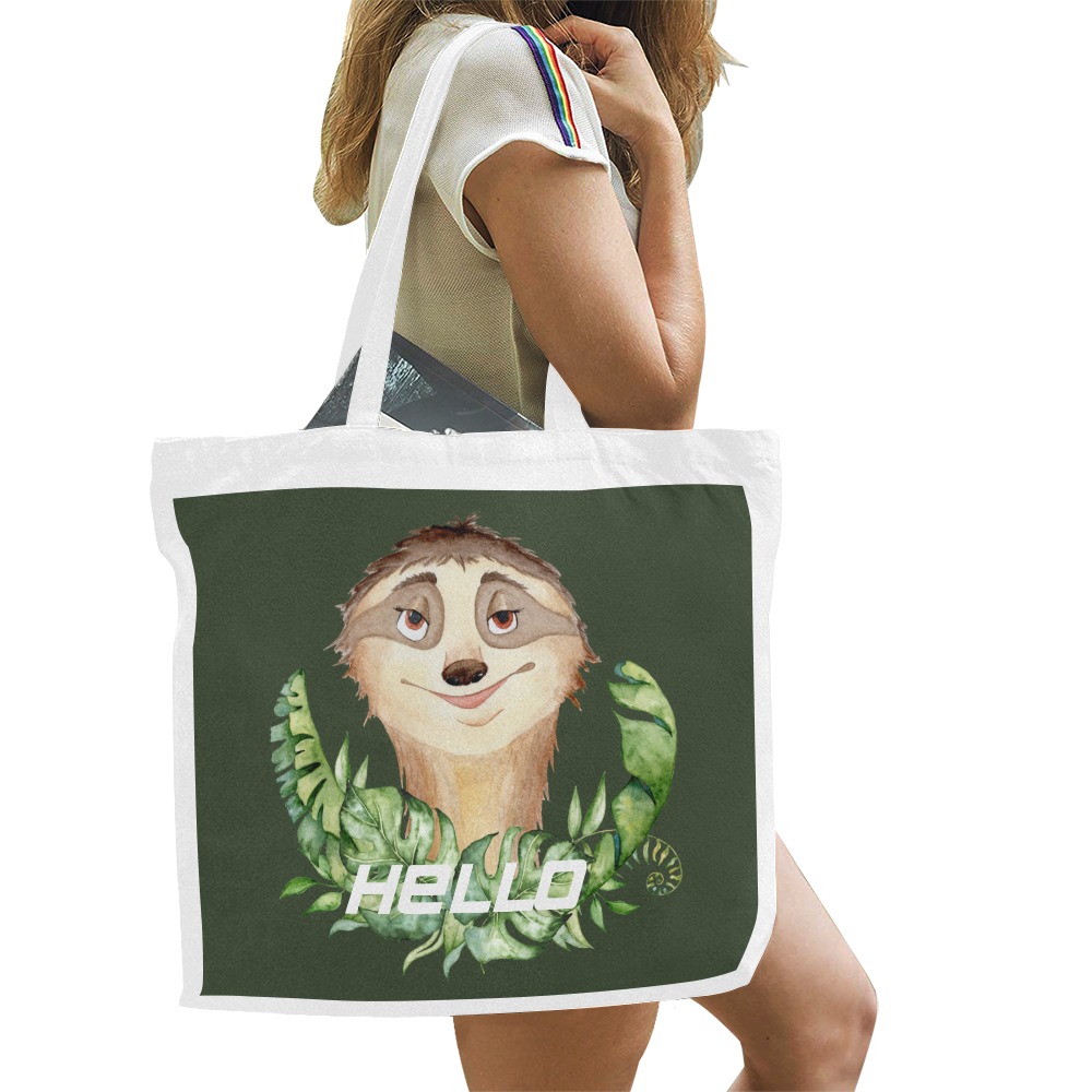 Smiley Sloth with Palm leaf featuring Hello on dark olive green background Canvas Tote Bag/Large (Model 1702)