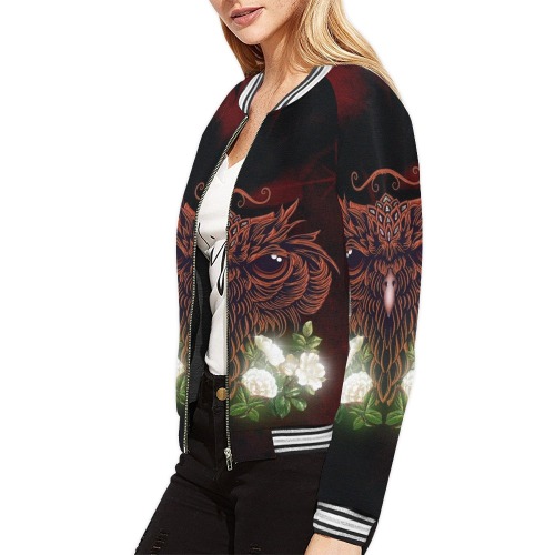 Awesome owl with flowers All Over Print Bomber Jacket for Women (Model H21)