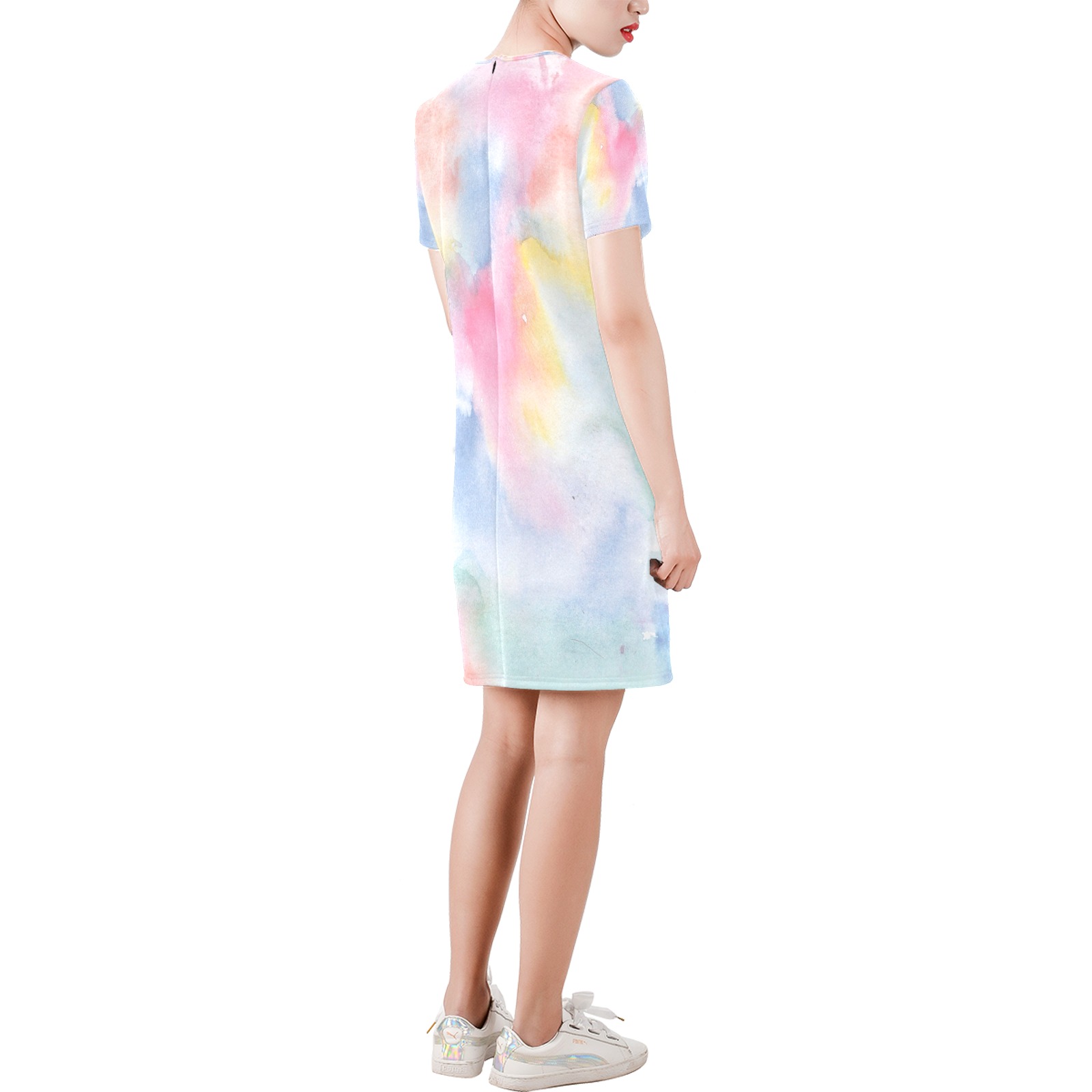 Colorful watercolor Short-Sleeve Round Neck A-Line Dress (Model D47)