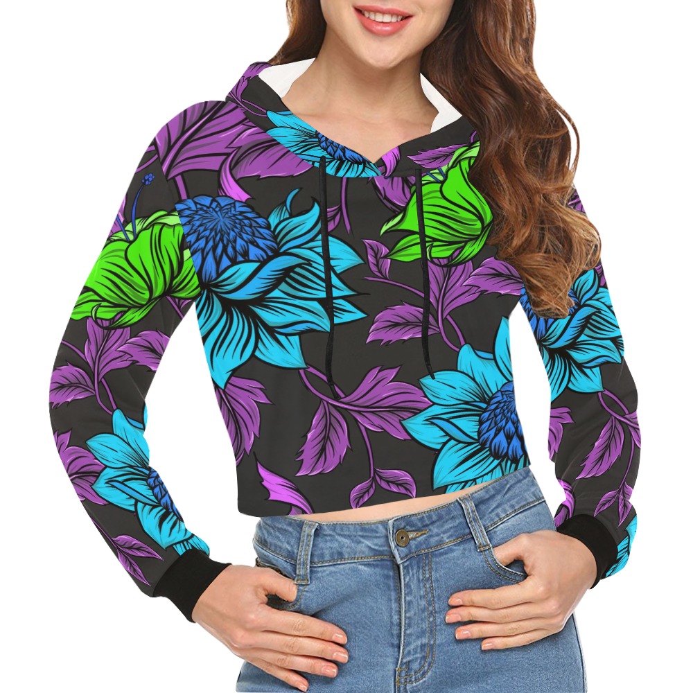 Neon Tropical Turquoise All Over Print Crop Hoodie for Women (Model H22)