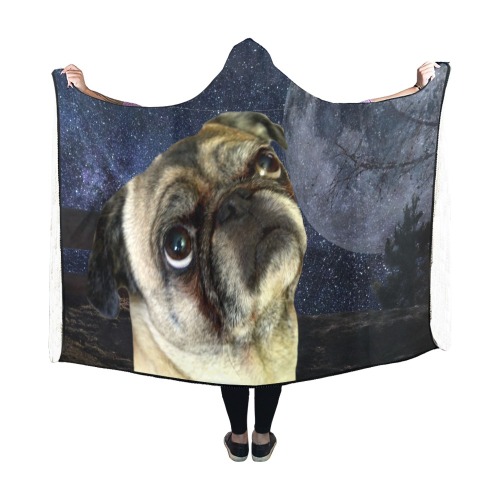Dog Pug and Moon Hooded Blanket 60''x50''