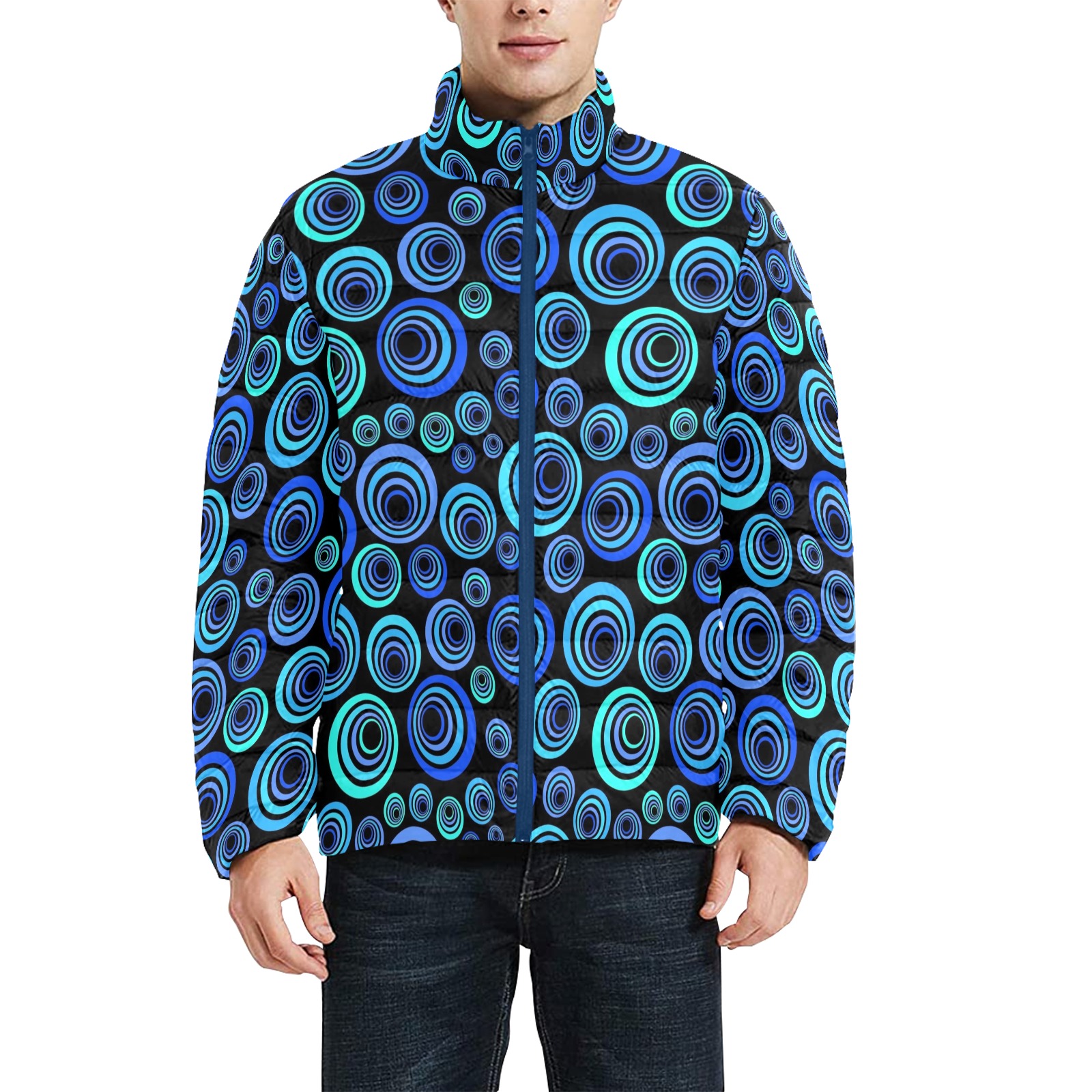 Retro Psychedelic Pretty Blue Pattern Men's Stand Collar Padded Jacket (Model H41)