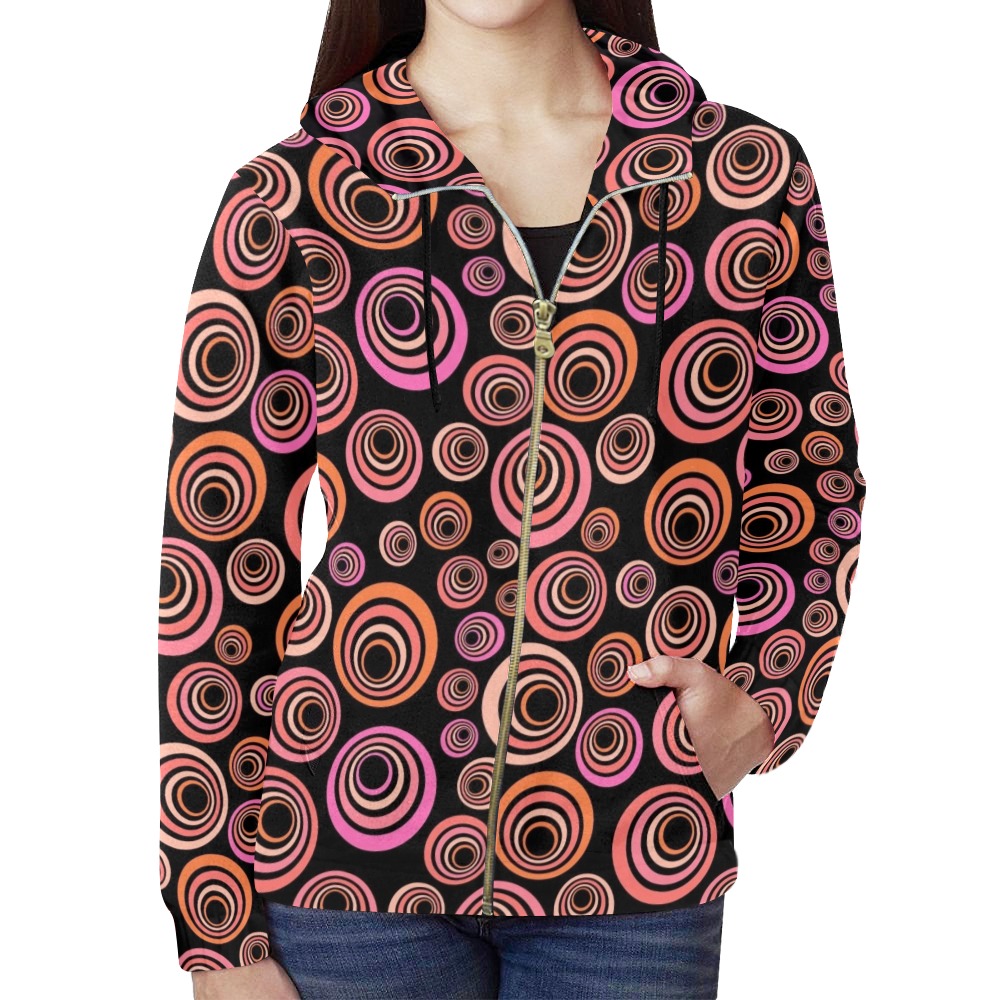 Retro Psychedelic Pretty Orange Pattern All Over Print Full Zip Hoodie for Women (Model H14)