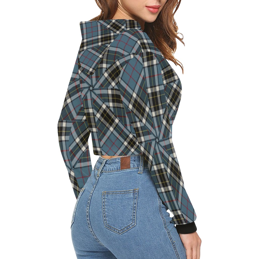 Thompson Blue Tartan All Over Print Crop Hoodie for Women (Model H22)