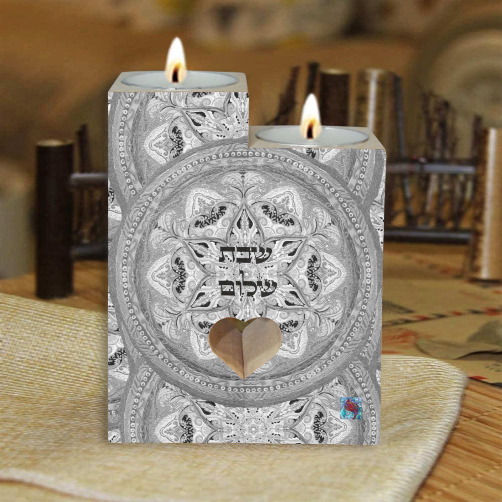 embroidery-gray shabbat shalom Wooden Candle Holder (Without Candle)